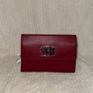 Badgley Mischka Wine Red Leather Clutch with Silver Logo